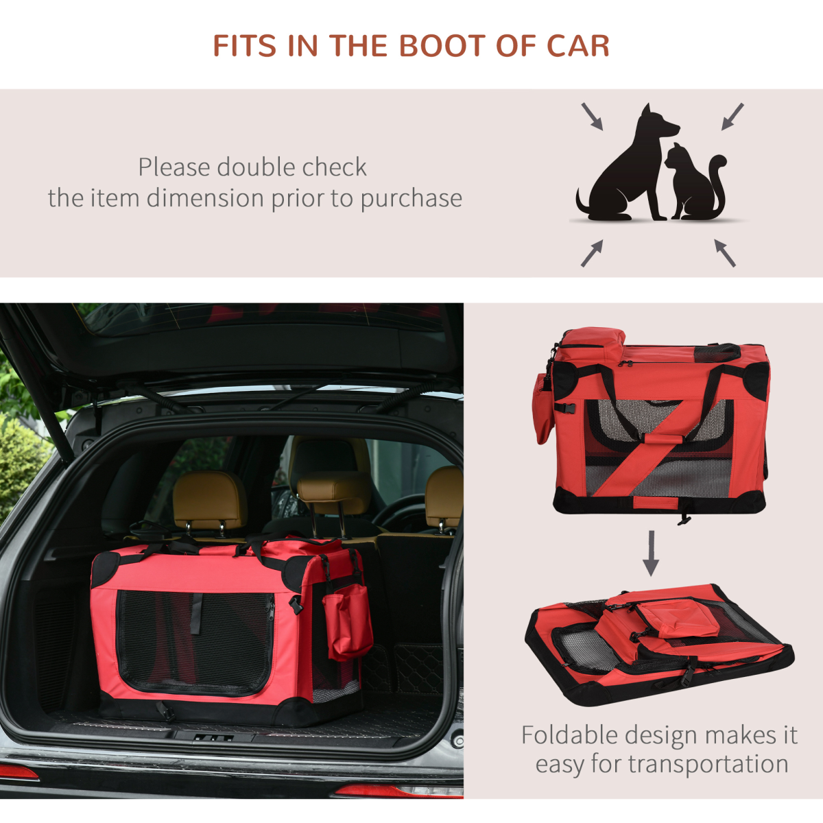 Pawhut Folding Soft Pet Carrier, 60 x 42 x 42cm – Portable Travel Bag with Fleece Bed for Small Dogs and Cats, Red