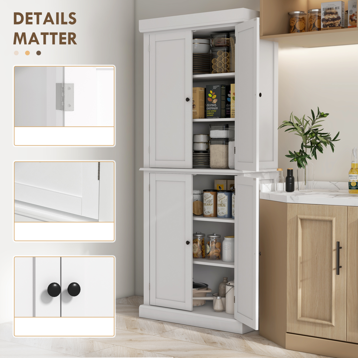 HOMCOM Freestanding Kitchen Cupboard with Six Inner Shelves, Four Adjustable – Larder Storage Cabinet, White