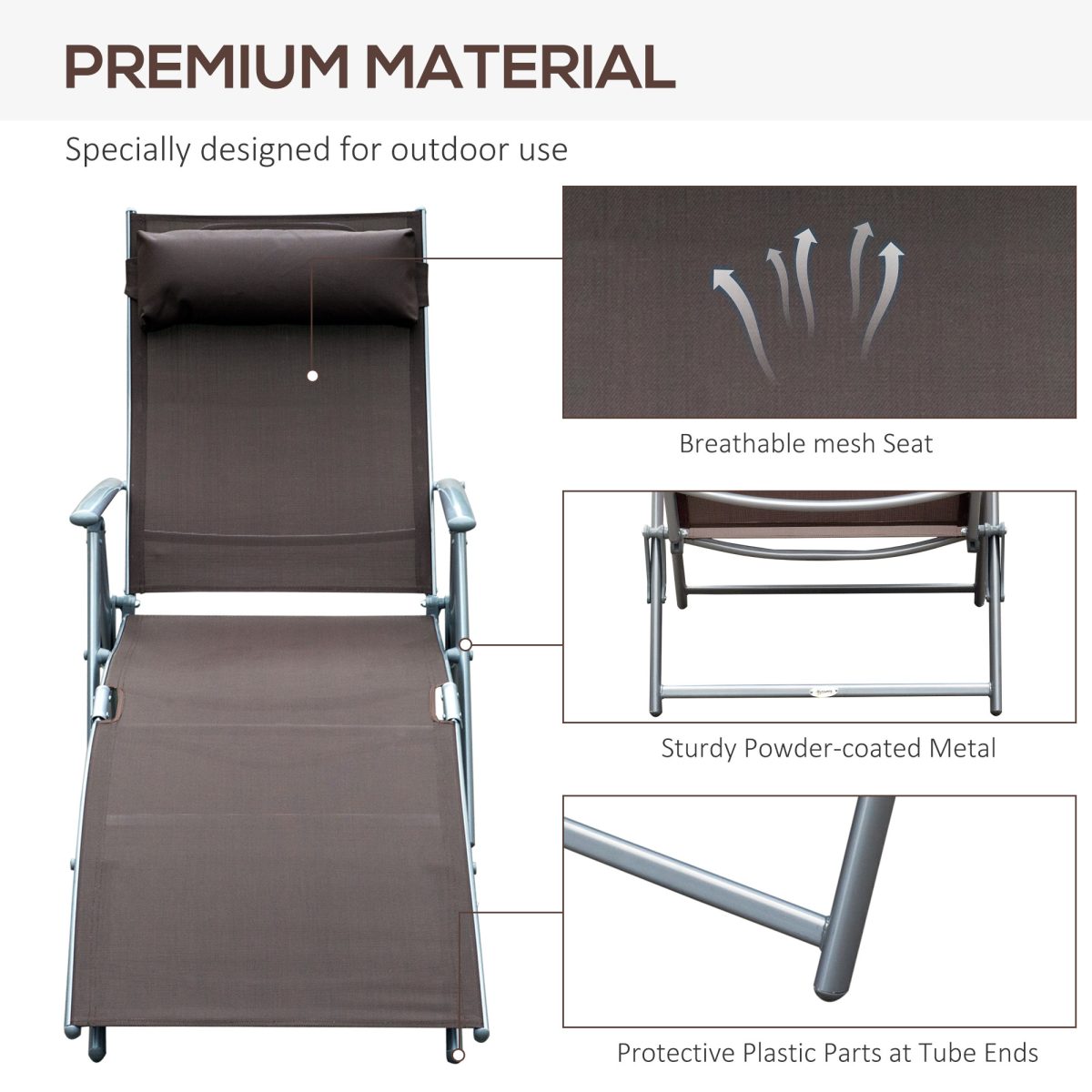 Outsunny Heavy-Duty Foldable Sun Lounger with 7-Level Recline & Pillow, Steel Frame, Texteline – Brown