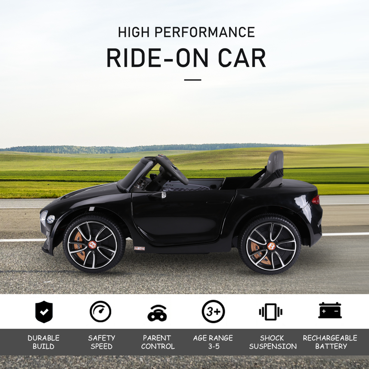 HOMCOM Bentley-Style Electric Ride-On Car with LED Lights, MP3 Player & Parental Remote Control – Kids Car, Black