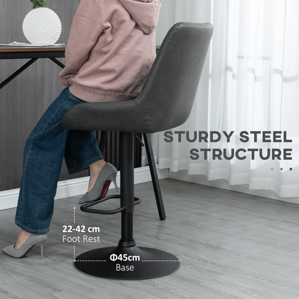 HOMCOM Set of 2 Adjustable 360° Swivel Bar Chairs with Footrest – Kitchen Island Seating, Grey
