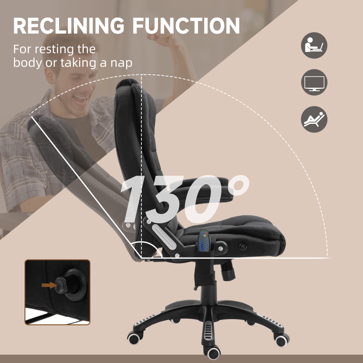Executive Reclining Office Chair with Heated Massage Points & Relaxing Headrest – 360° Swivel, Black