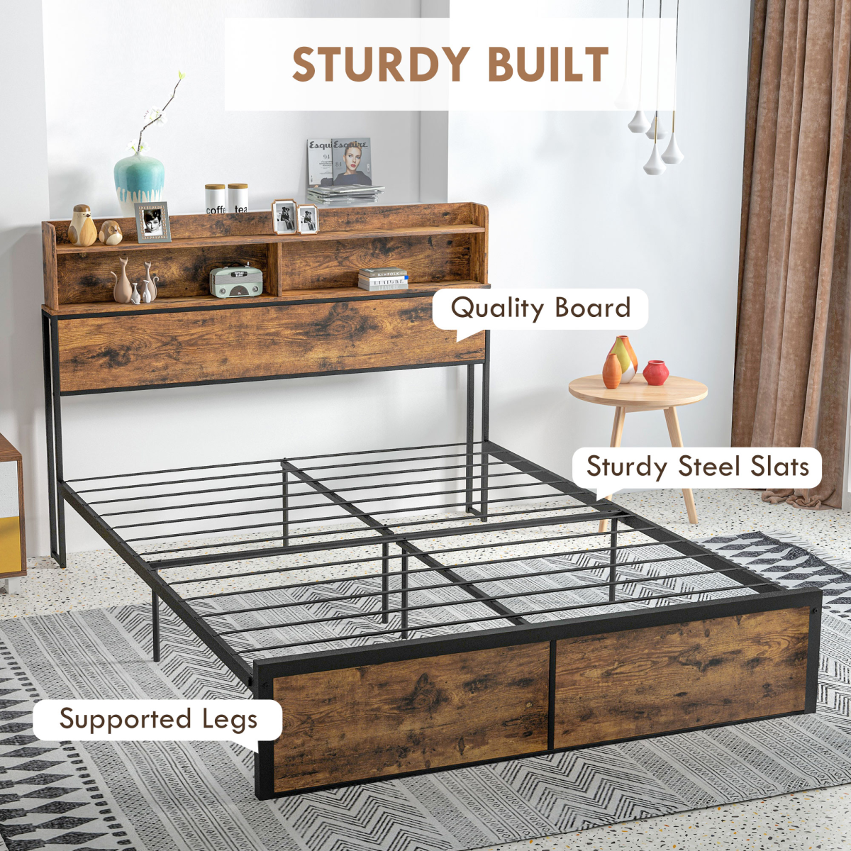 HOMCOM 5ft King Size Bed Frame with Storage Headboard – Under Bed Storage, Steel Frame