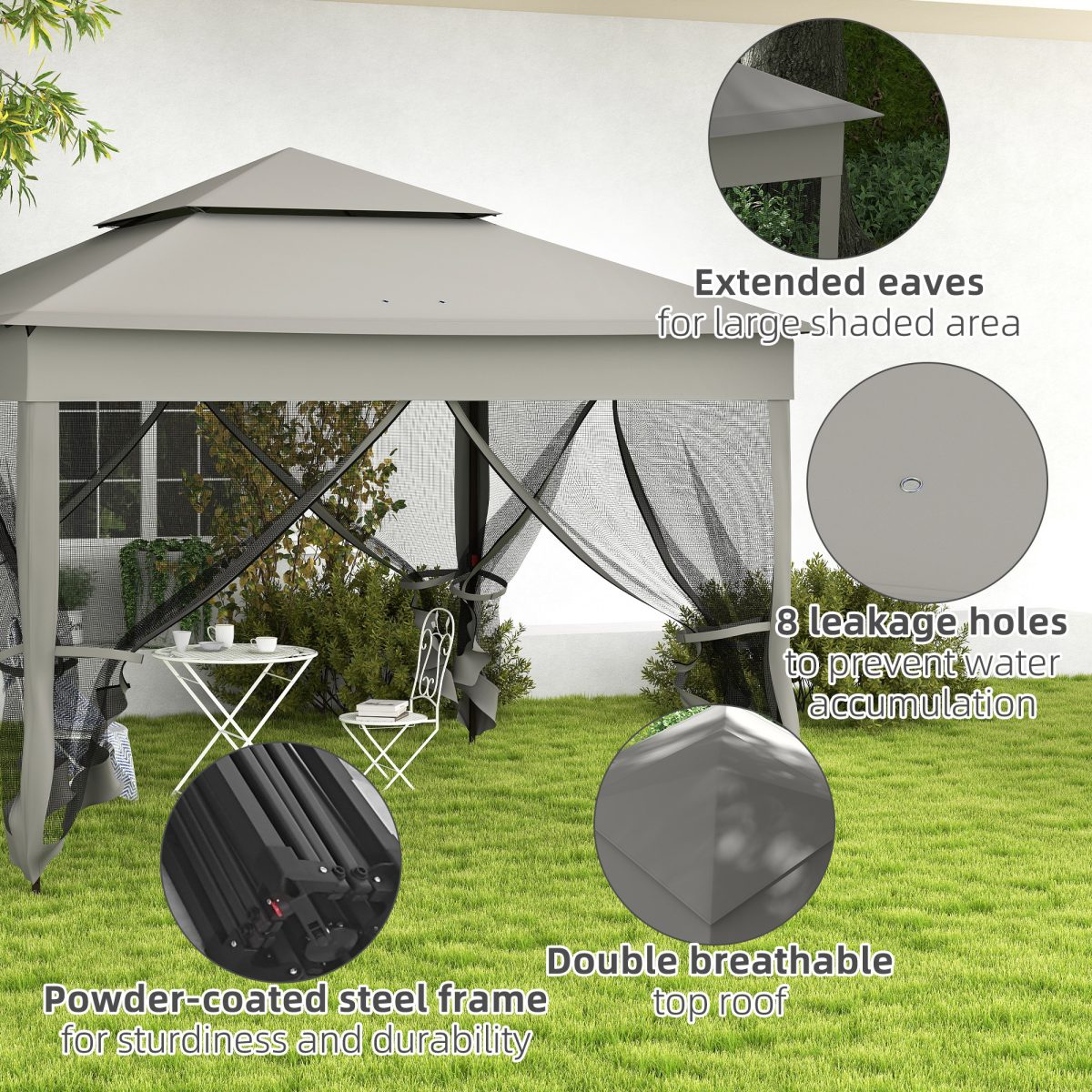 Outsunny 3.25m Pop-Up Gazebo with Net Curtains & Drainage Holes – Folding Party Tent, Dark Grey