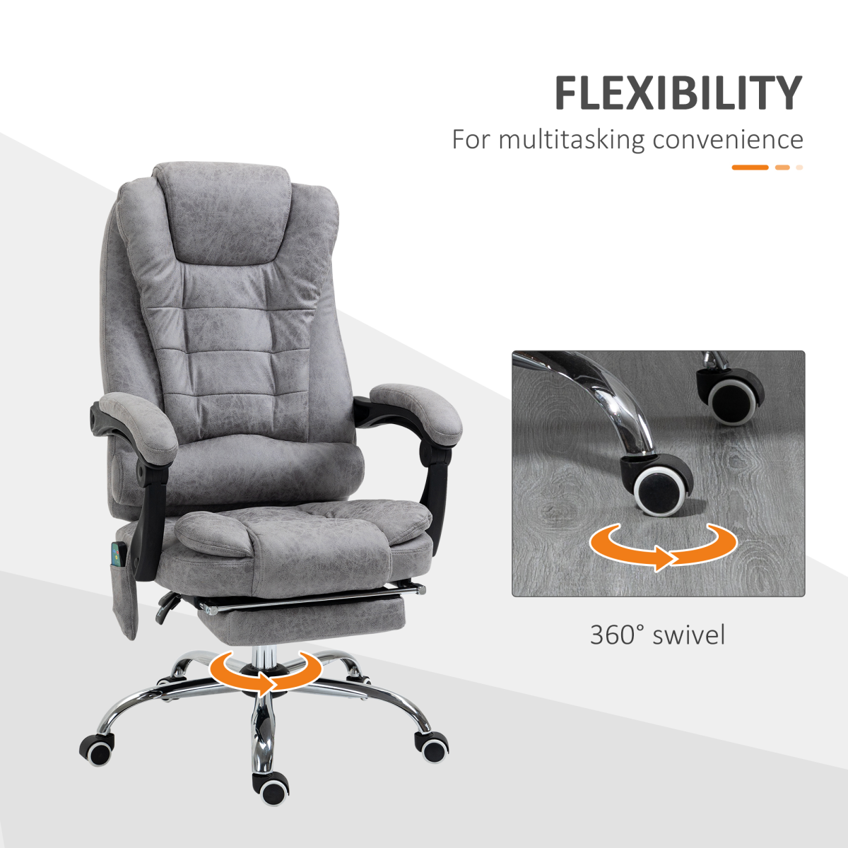 Vinsetto Heated Massage Office Chair with 6 Vibration Points & Footrest – Reclining Home Office Chair, Grey