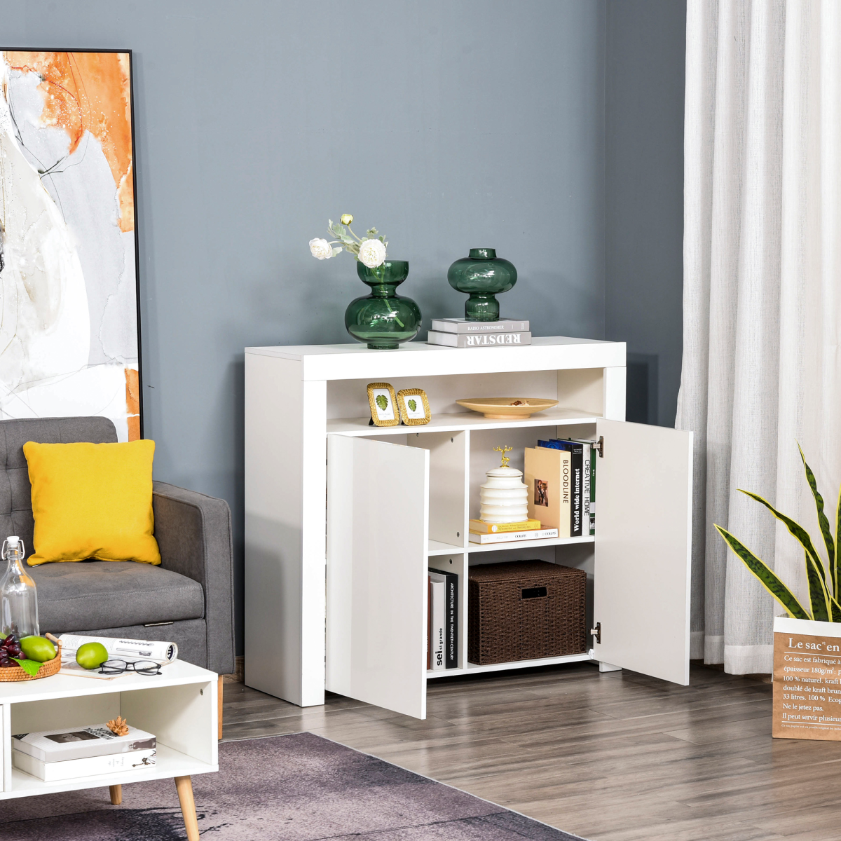 HOMCOM High Gloss LED Sideboard Cabinet with RGB Lighting – Modern Living Room Storage, White