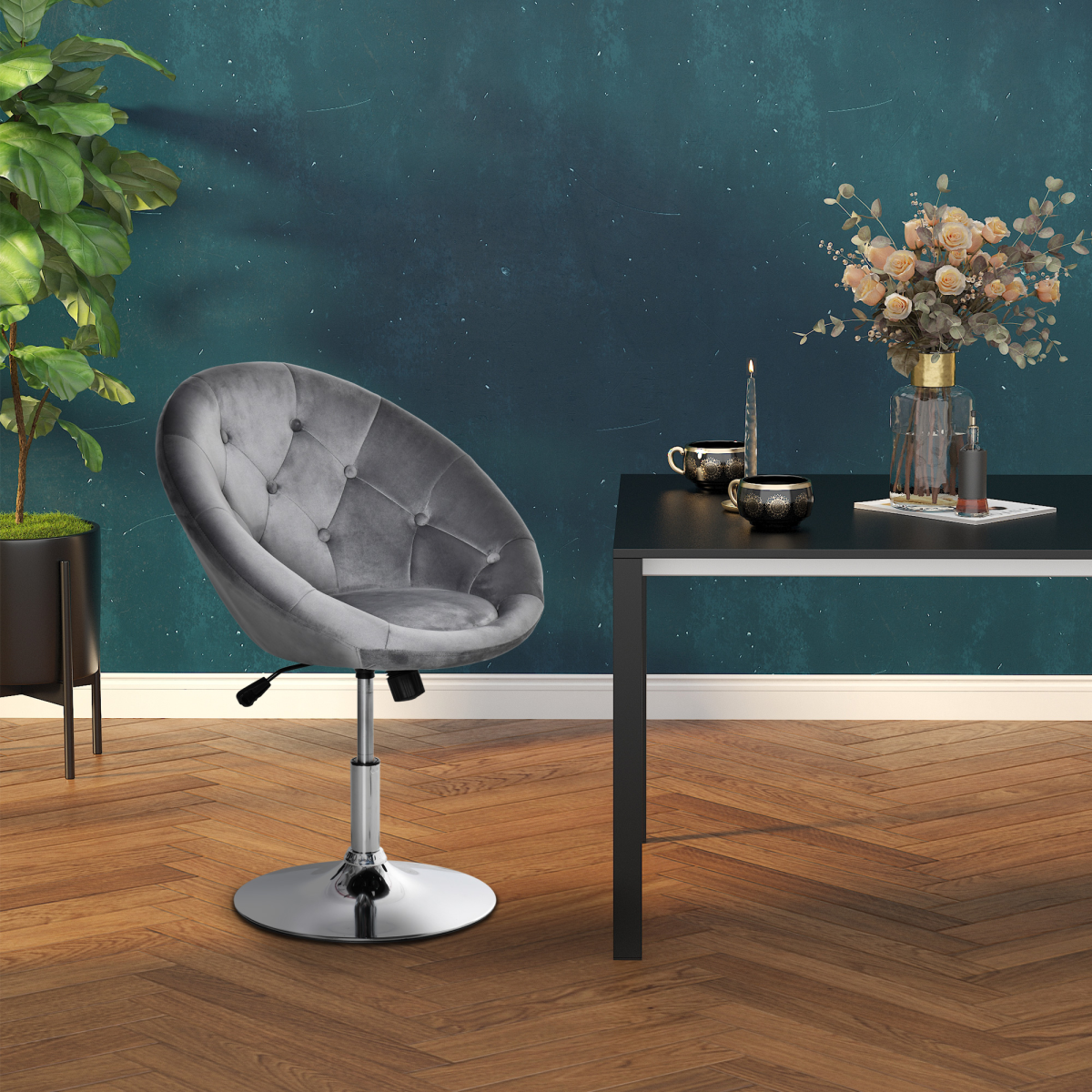Retro Swivel Tub Bar Stool with Adjustable Height, Chrome Base & Footrest – Armless Counter Seat, Grey
