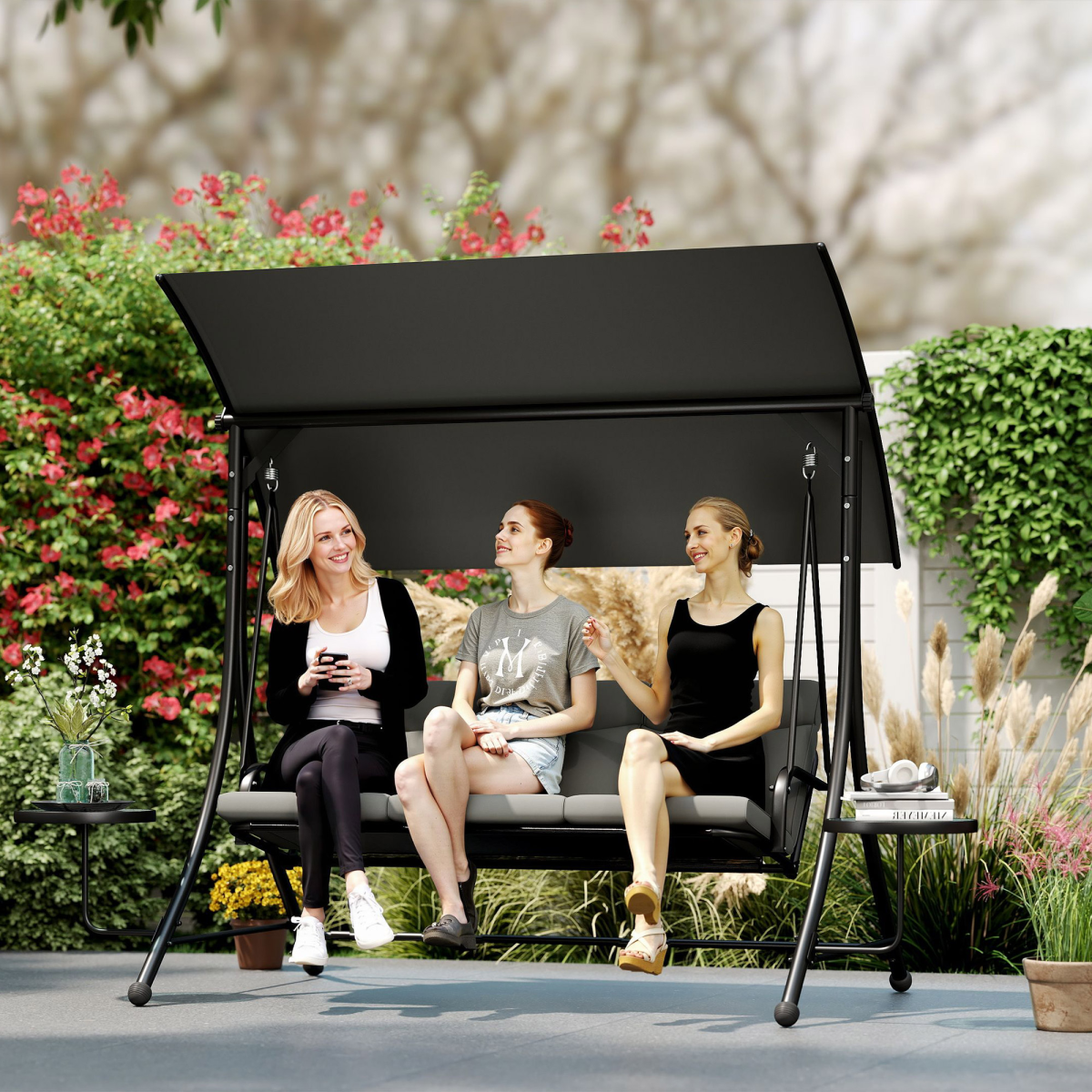 Outsunny 3-Seater Garden Swing Chair with Adjustable Canopy & Glass Coffee Tables – Steel Frame, Dark Grey
