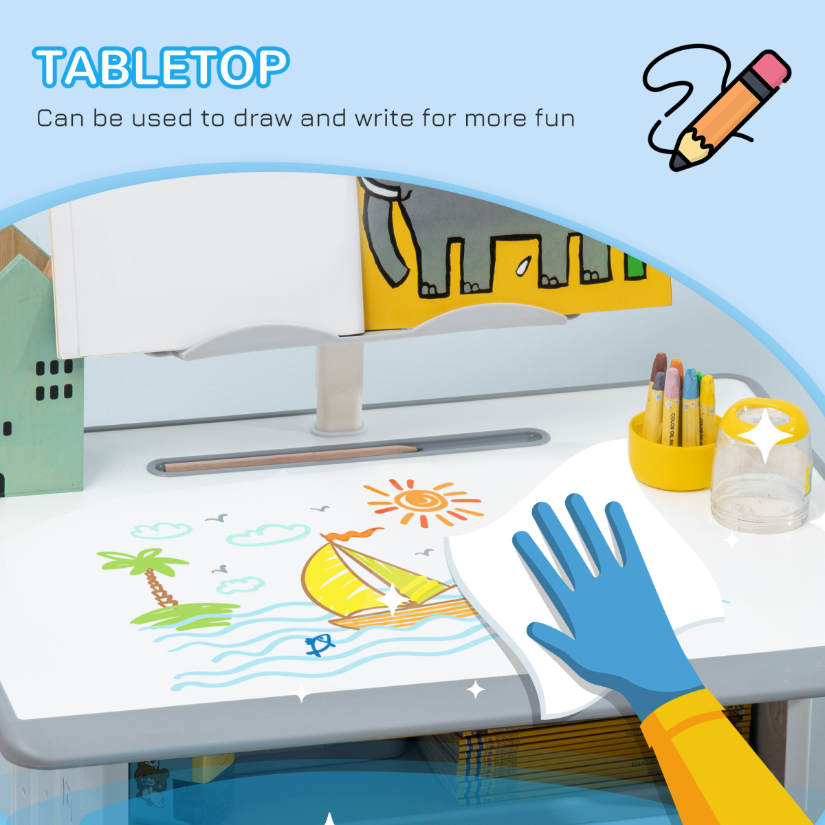 Kids Desk and Chair Set with Adjustable Height, Drawer and Book Stand – Study Table for Ages 6–12, Grey