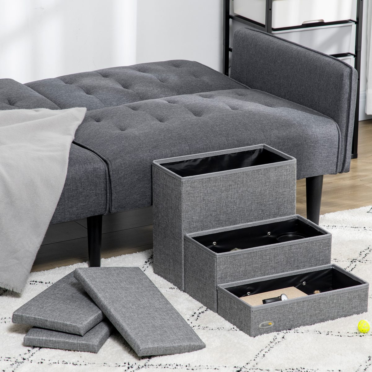PawHut 3-Step Pet Stairs with Storage Boxes – Dog & Cat Steps for Bed and Sofa, Light Grey