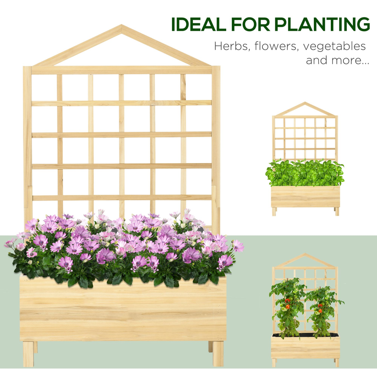 Outsunny Wooden Garden Planters with Trellis for Vine Climbing Plants, Natural