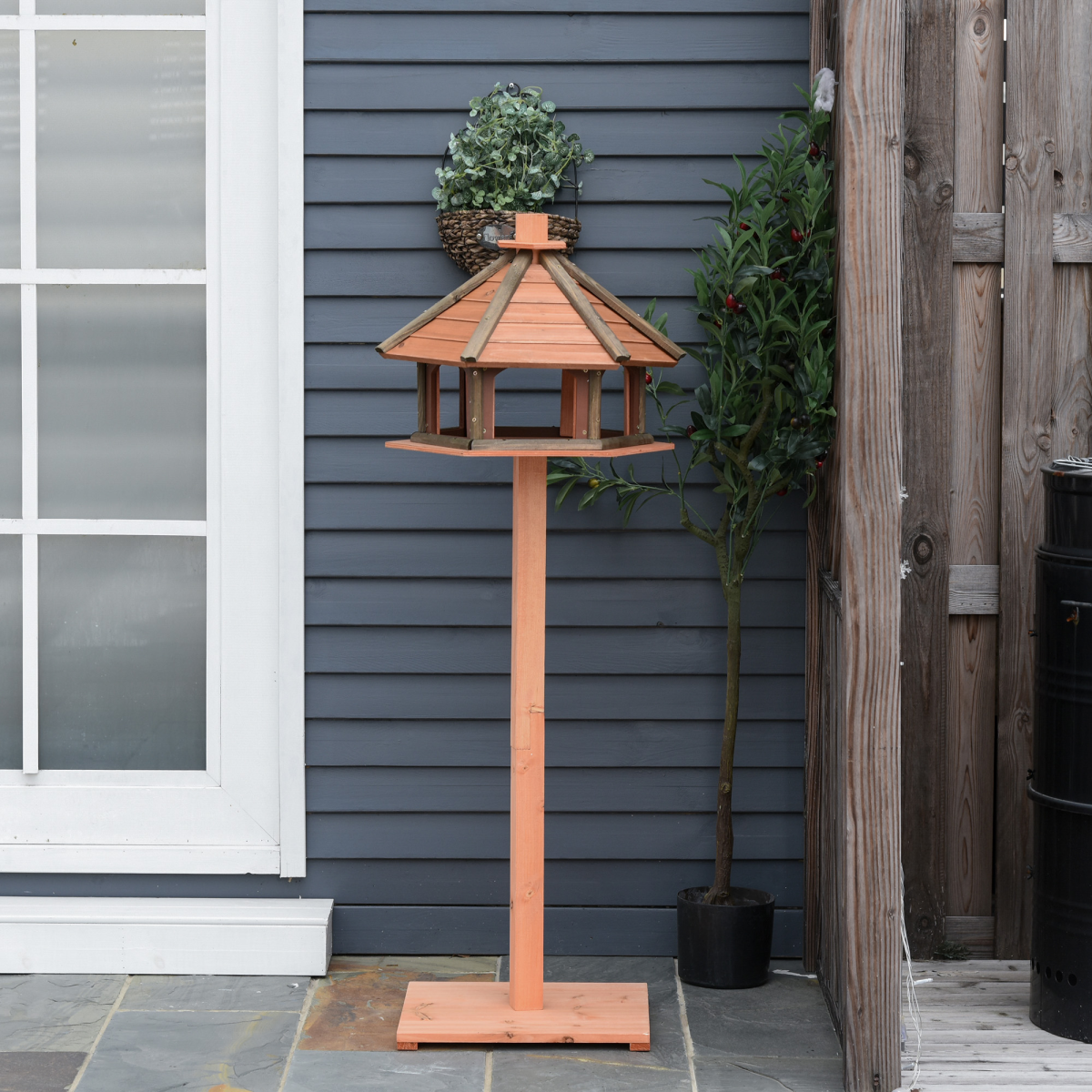PawHut Wooden Bird Table with Roof, Fir Wood Feeding Platform – Garden Bird Feeder Stand, Brown, 130cm
