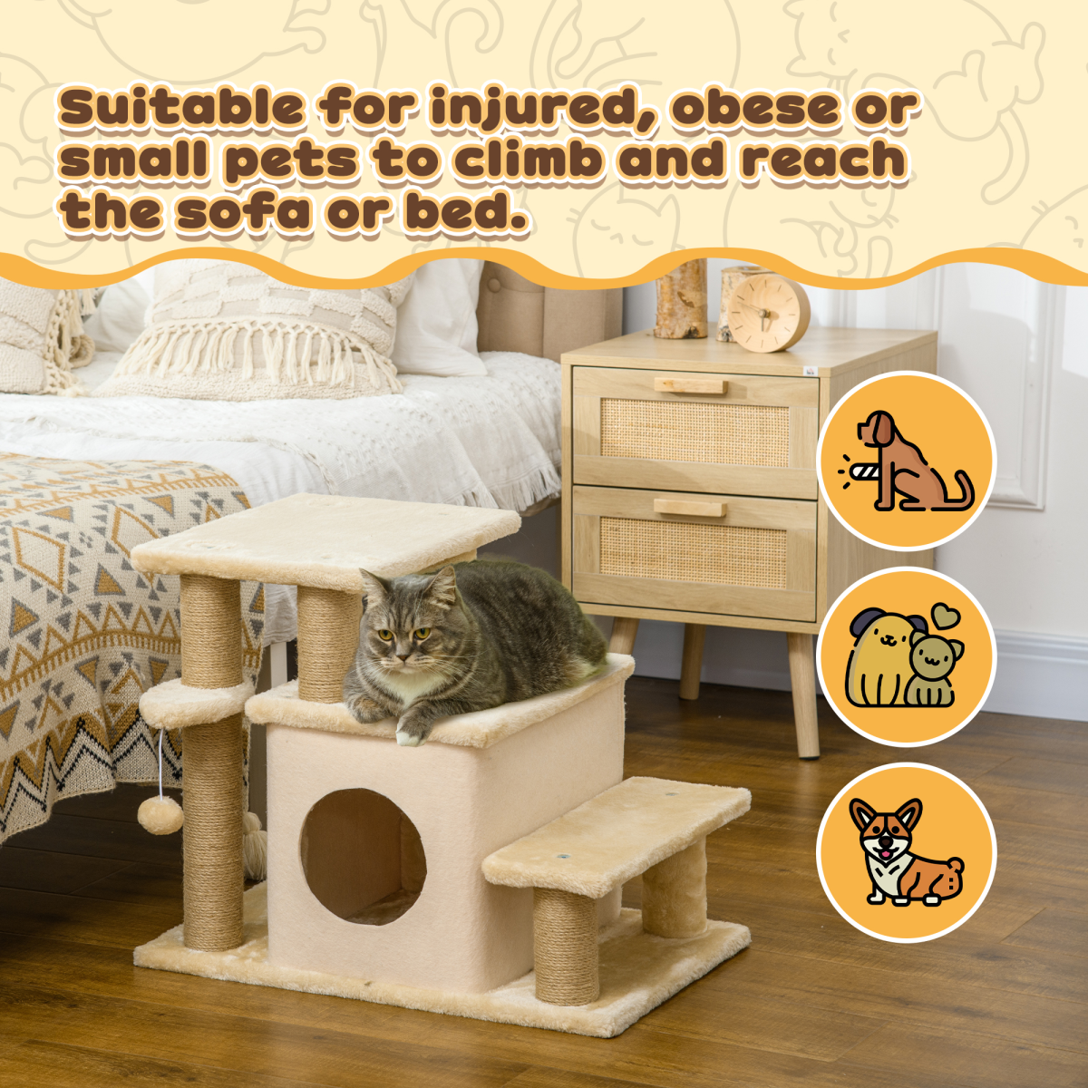PawHut 4-Step Dog Stairs for Bed with Cat House & Detachable Cover – Pet Steps, Beige