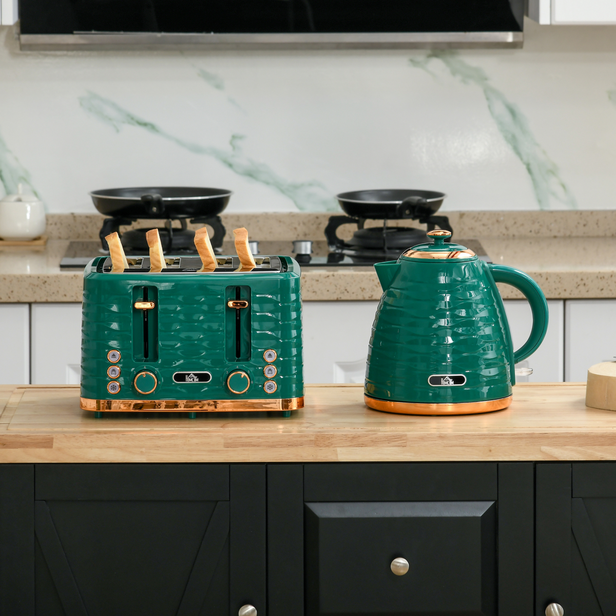 HOMCOM Pebbled 1.7L Rapid Boil Kettle & 4-Slice Toaster Set – Matching Breakfast Duo, Green