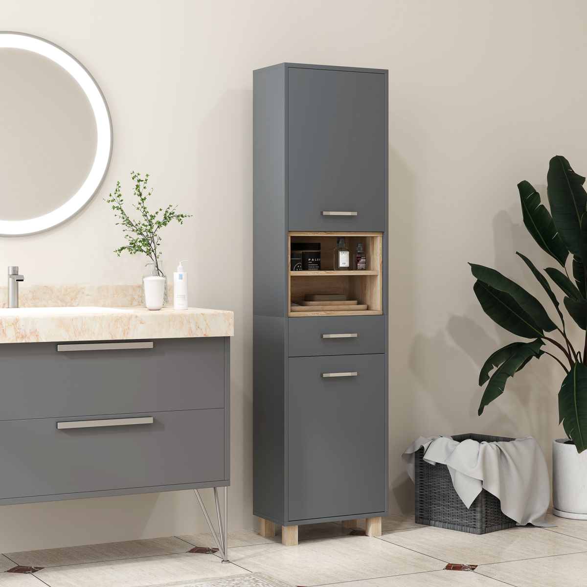HOMCOM Bathroom Storage Unit with Two Cabinets, Open Shelves & Drawer – Freestanding Tall Cabinet, Grey