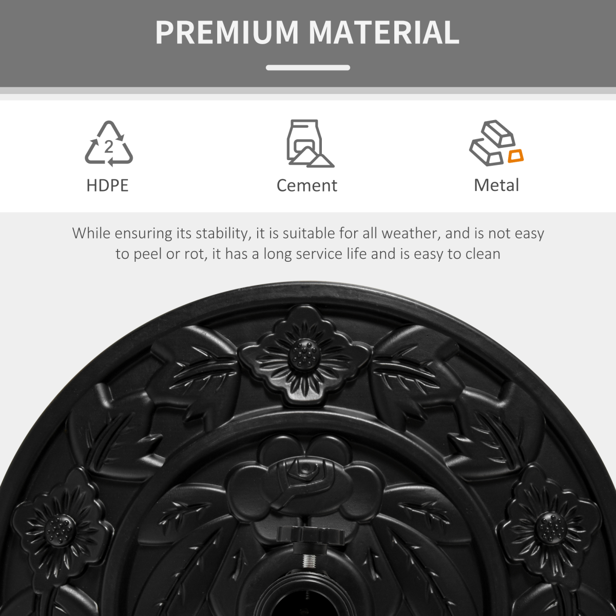 Outsunny Half Round Parasol Base with Flower Engraving – 10kg Weighted Umbrella Stand for Balcony, Black
