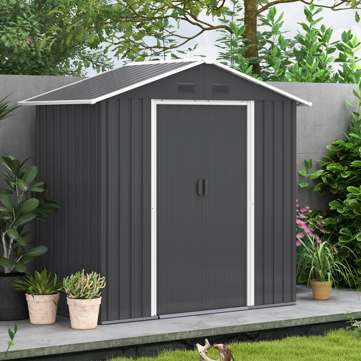 Outsunny 6.5 x 3.5ft Galvanised Steel Garden Shed with Double Sliding Doors and Vents – Outdoor Storage, Dark Grey
