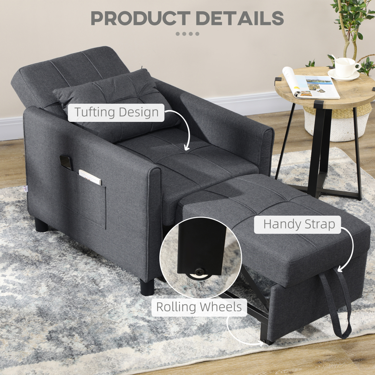 HOMCOM Pull-Out Sleeper Chair Bed with Pillow & Side Pockets – Single Guest Bed, Padded Upholstery, Grey