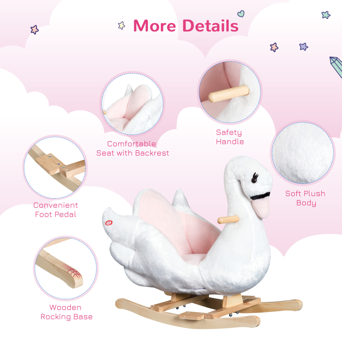 HOMCOM Kids Ride-On Rocking Swan with Music and Safety Seat – Plush Toddler Rocker, 18 Months+