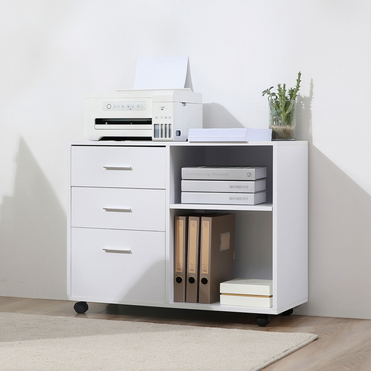 Freestanding Mobile Storage Cabinet with 3 Drawers, 2 Open Shelves & Wheels – Home Office Organiser, White