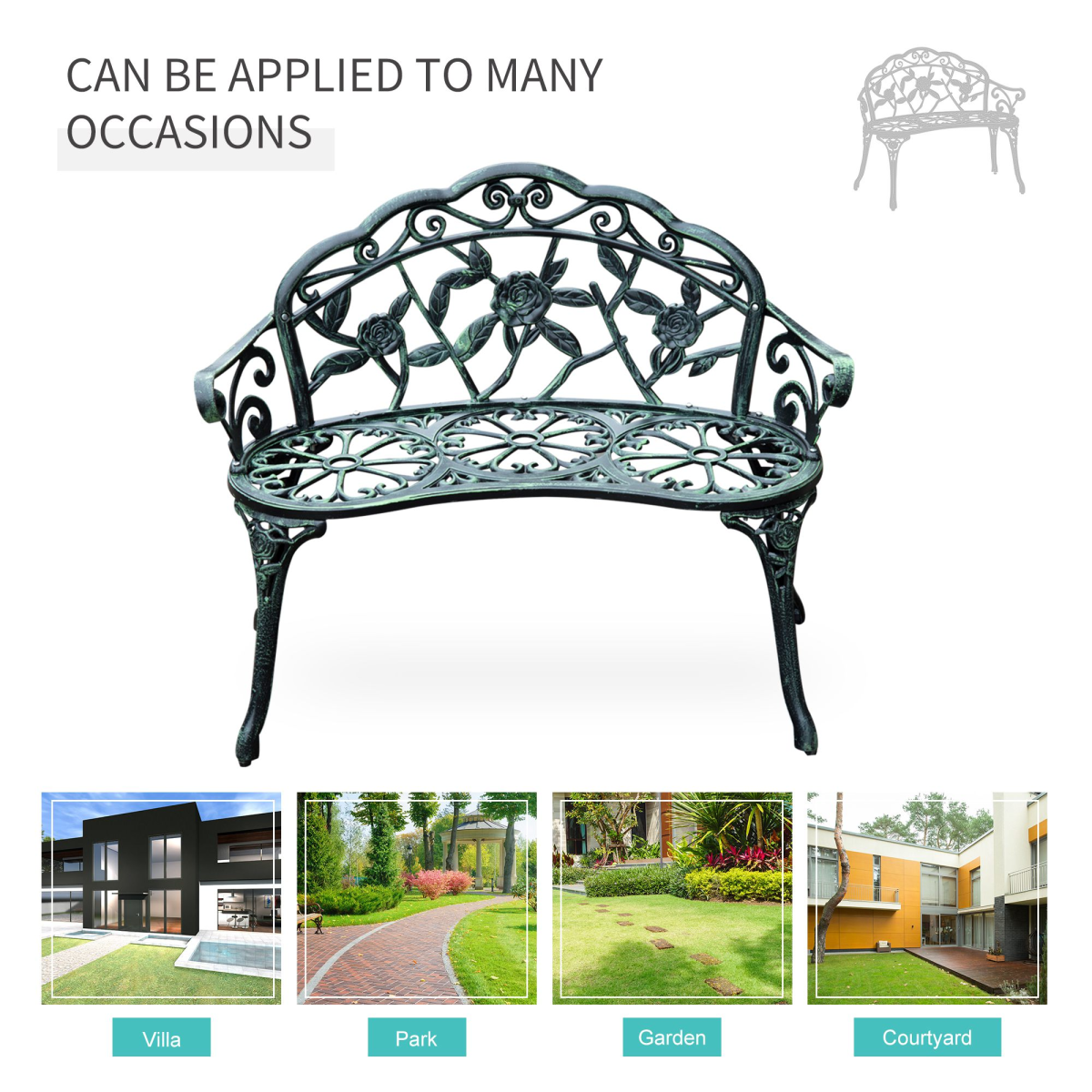 Outsunny Cast Aluminium Garden Bench with Rose Pattern & Curved Seat – Antique Verdigris Patio Chair