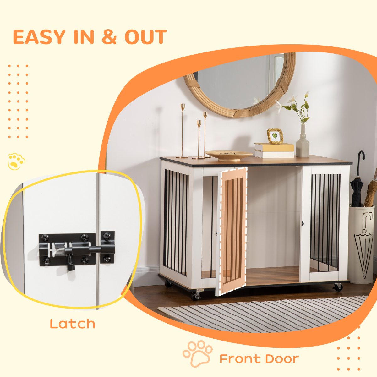 PawHut Dog Crate Furniture End Table with Lockable Door and Roller Castors – For Large Dogs, White