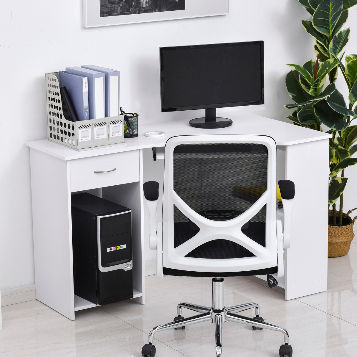 L-Shaped Corner Computer Desk with Sliding Keyboard Tray & 2 Storage Shelves – Home Office Workstation, White