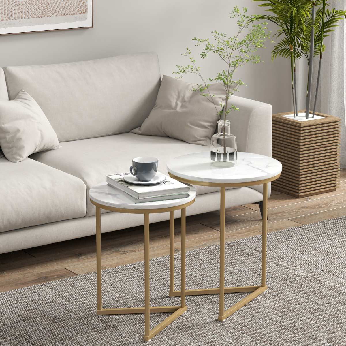 HOMCOM Nesting Coffee Table Set of 2 with Marble-Effect Tops and Gold-Tone Metal Frame – Living Room Side Tables