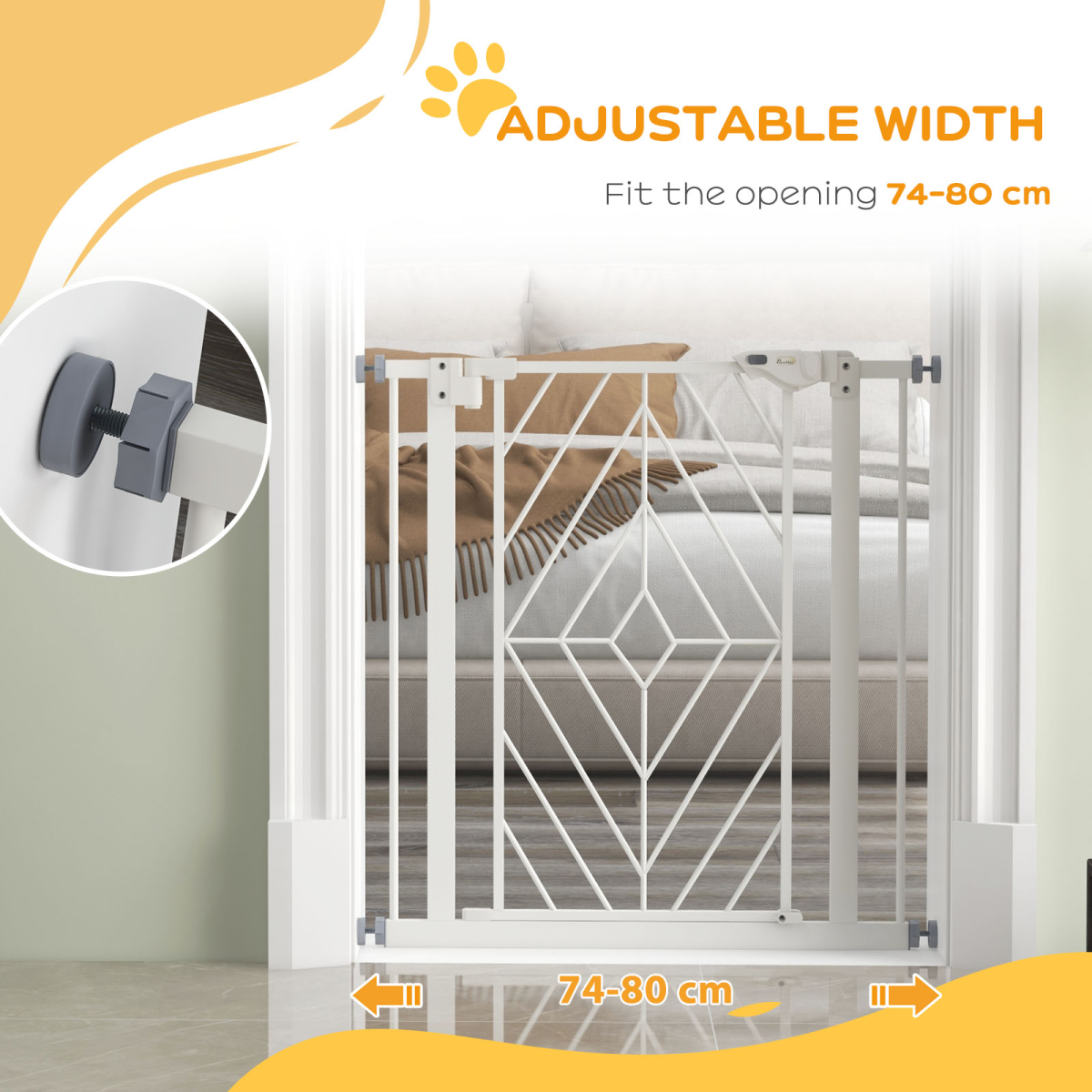 PawHut Pressure Fit Safety Gate with Auto Closing Door & Double Lock – Dog Gate for 74-80cm Openings, White