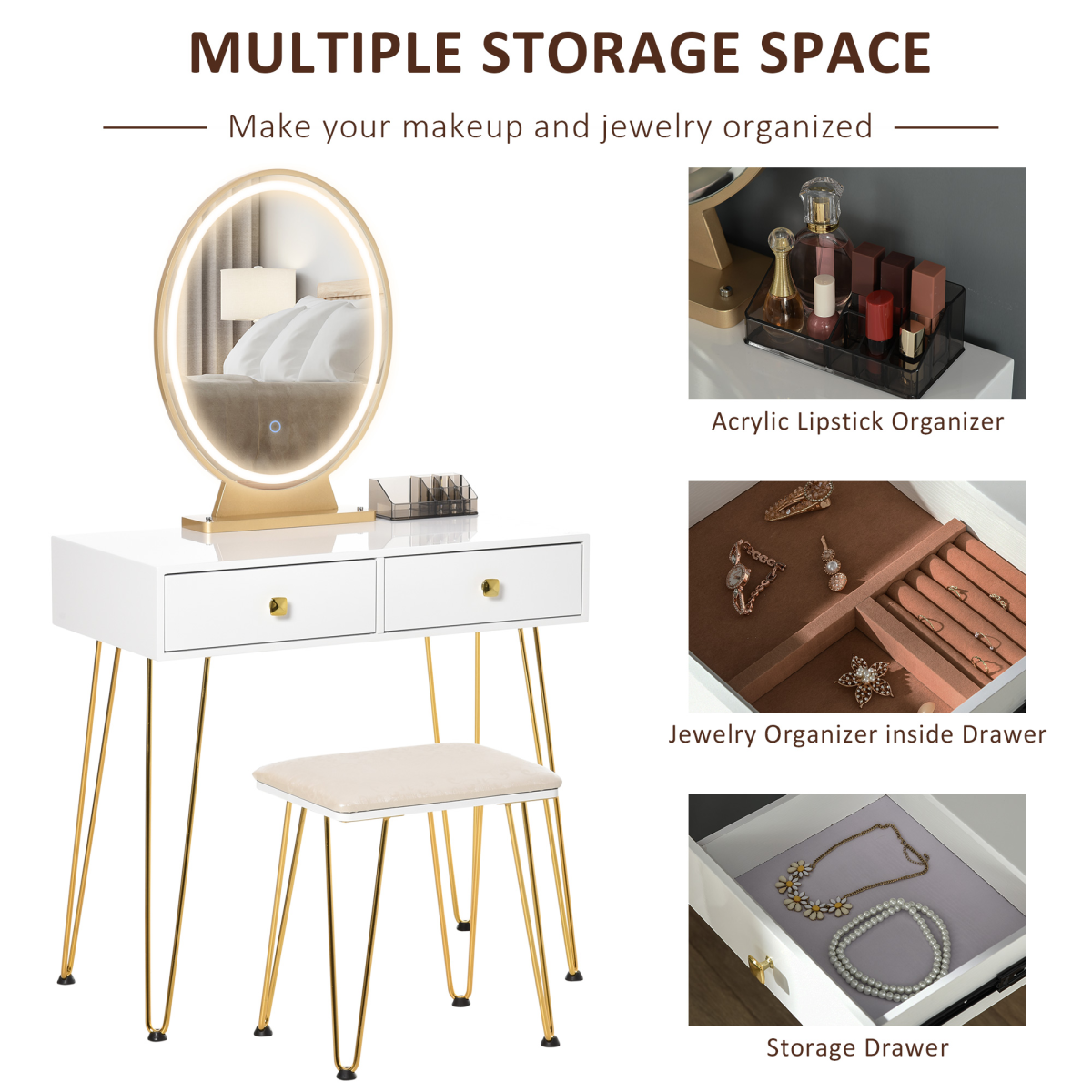 HOMCOM Dressing Table Set with LED Mirror, Stool & 2 Drawers – Bedroom Makeup Vanity