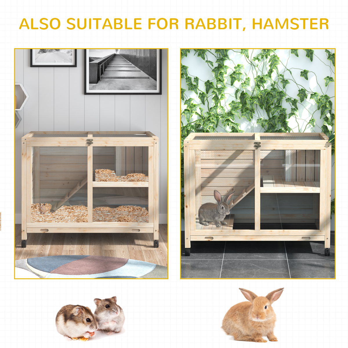 Pawhut Indoor Rabbit Hutch with Openable Roof, Pull-Out Tray & Ramp – Guinea Pig House, Natural