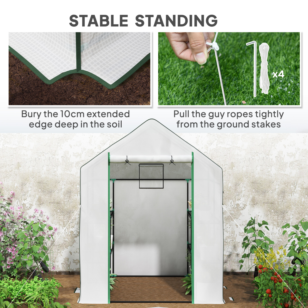 Outsunny Walk-in Greenhouse with 8 Wire Shelves, Roll-up Door & Mesh Windows – Outdoor Plant House, White