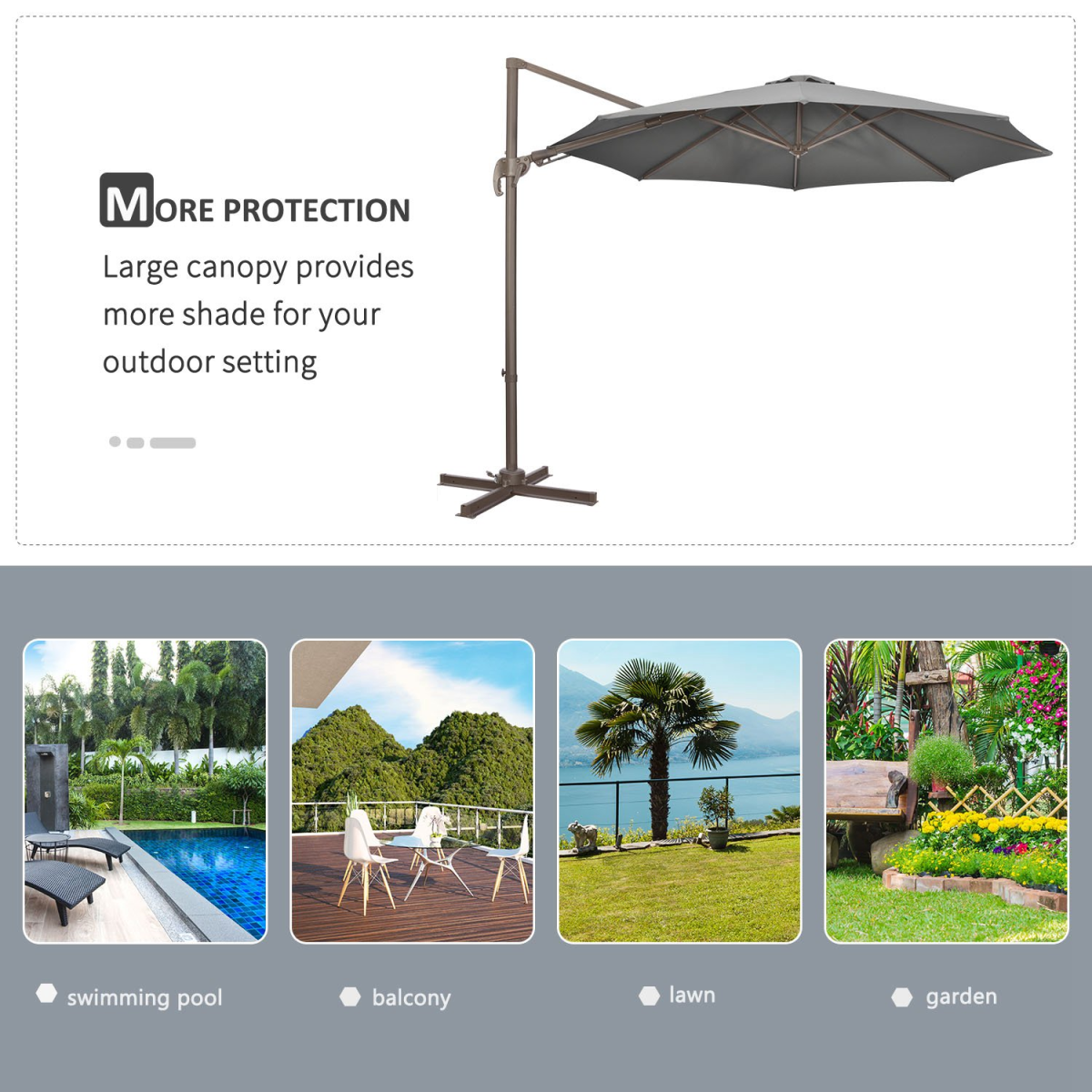 Outsunny 3m Cantilever Parasol with 360° Rotation, 4-Position Tilt & Foot Pedal – Roma Garden Umbrella, Grey