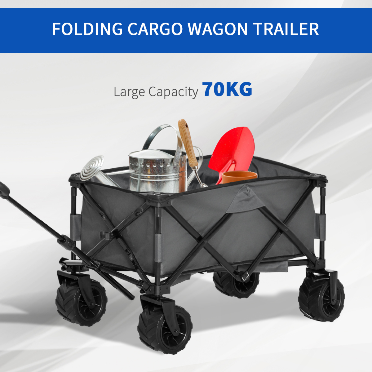 Outsunny Folding Cargo Wagon Beach Cart with Telescopic Handle & Metal Frame, 70kg Capacity – Dark Grey