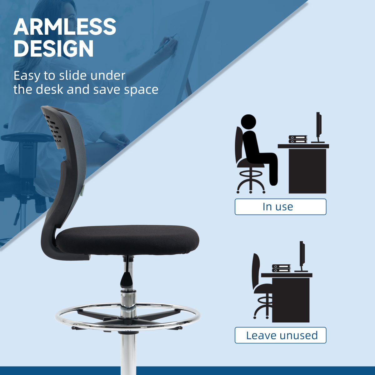 Vinsetto Tall Draughtsman Chair with Lumbar Support & Foot Ring – Grey Mesh