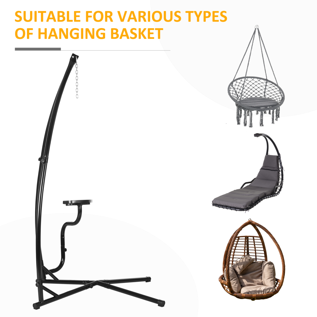 Outsunny Heavy Duty Metal C-Frame Hammock Chair Stand with Side Table – Indoor & Outdoor, Stand Only