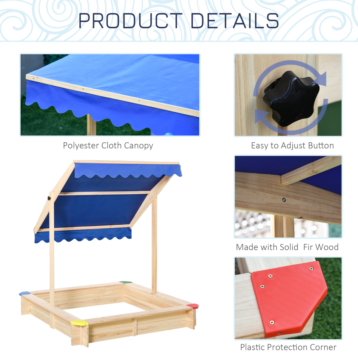 Outsunny Kids Wooden Cabana Sandbox with Bench & Adjustable Canopy – Outdoor Sandpit Playset, EN71 Certified