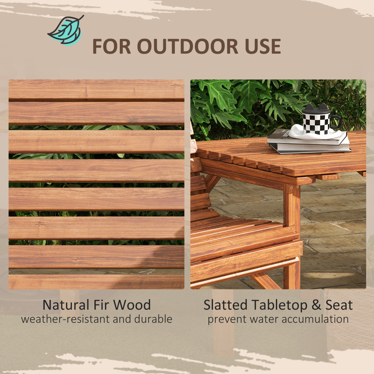 Outsunny Wooden Garden Love Seat Bench with Coffee Table & Parasol Hole – 2 Seater Fir Wood, Tan Brown