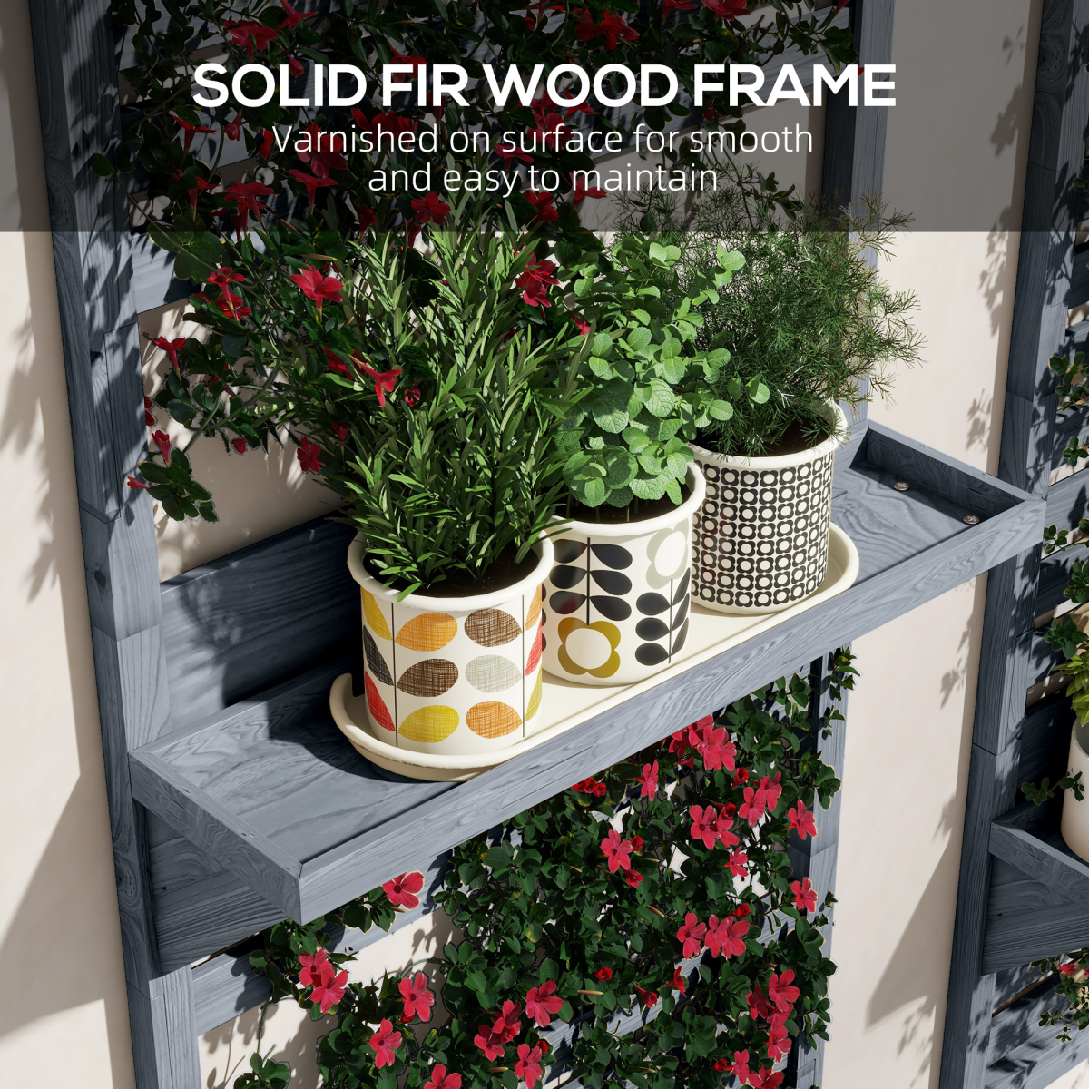 Outsunny Set of 2 Wall Mounted Plant Stands with Shelves & Slatted Trellis – Fir Wood Planters, Grey