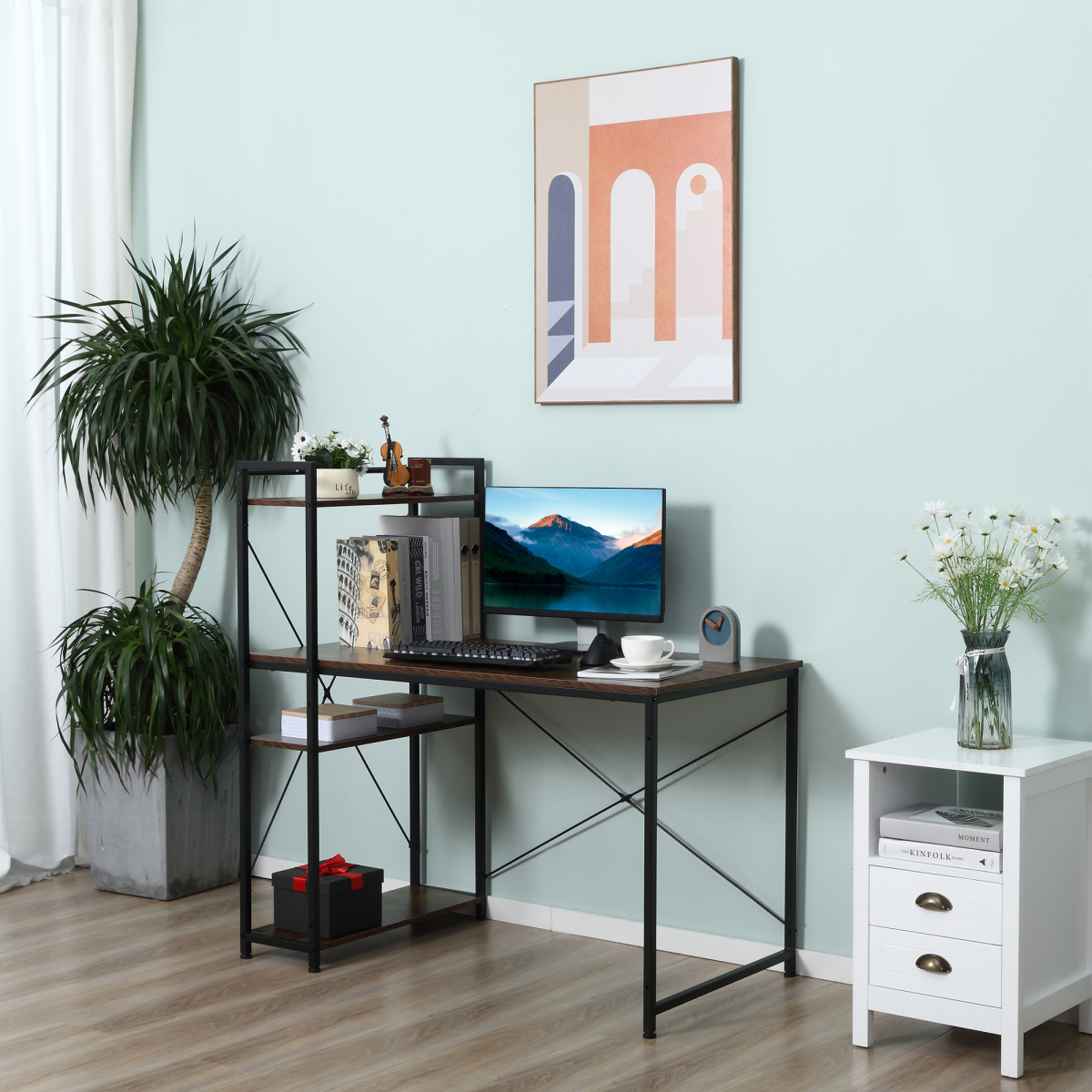 HOMCOM Computer Desk with 4-Tier Bookshelf – Home Office Study Workstation with Storage