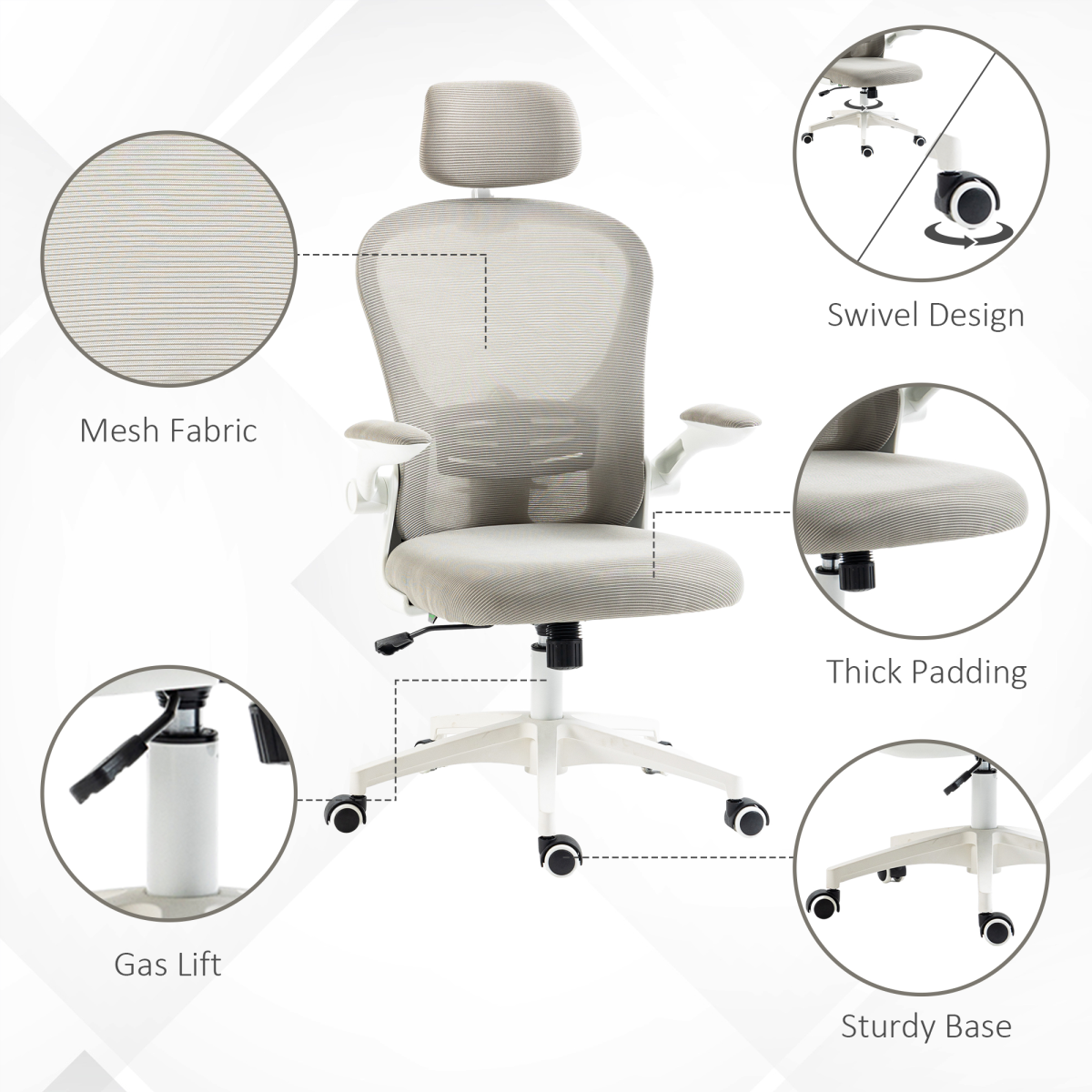 Vinsetto Ergonomic Mesh Office Chair with Rotating Headrest, 4D Lumbar Support & Flip-Up Arms – Grey