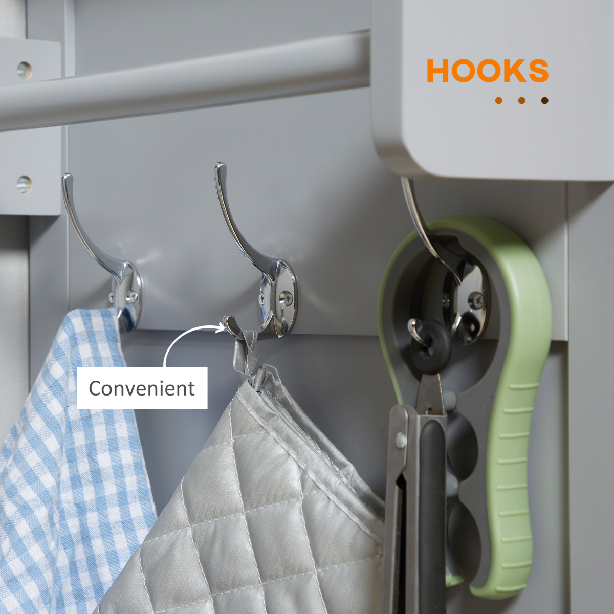 Rolling Kitchen Cart with Rubberwood Top, Towel Rack, Hooks, Drawers & Open Shelf – Grey