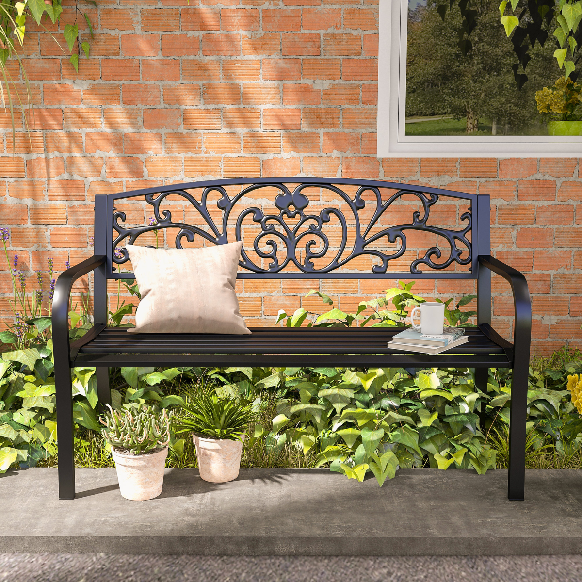 Outsunny 2-Seater Powder Coated Steel Garden Bench with Floral Backrest – Patio Seating, Black