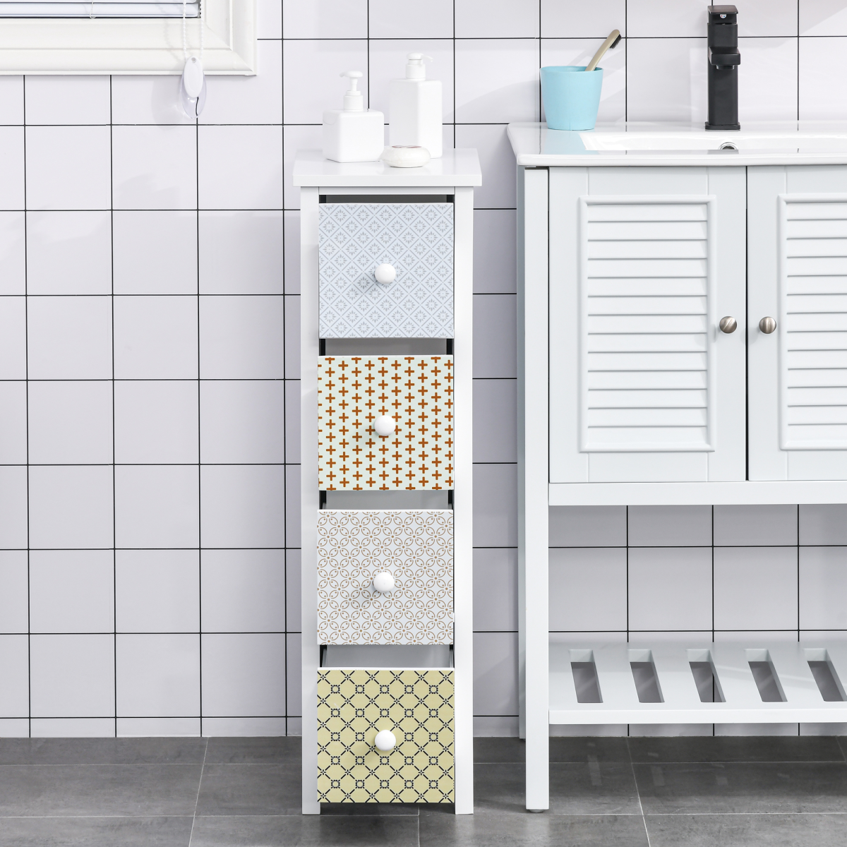 HOMCOM 4-Drawer Storage Cabinet with Patterned Drawers & Anti-Tipping Straps – Slim Tallboy for Bedroom