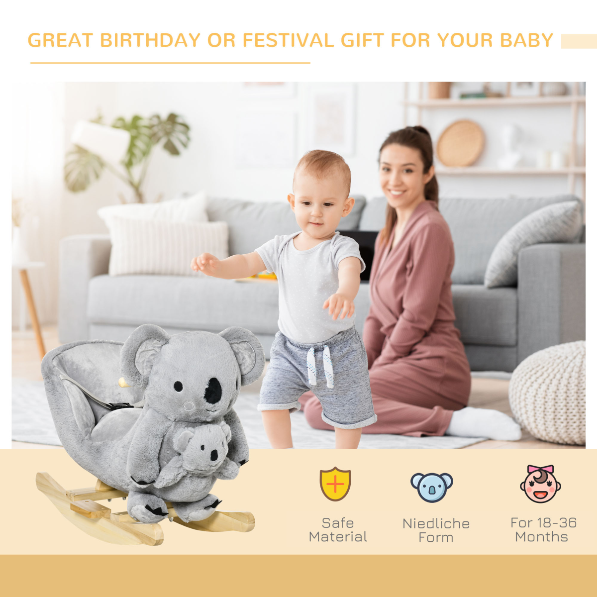 HOMCOM Plush Ride-On Rocking Koala with Sounds & Gloved Doll – Toddler Rocker with Seatbelt, 18-36 Months