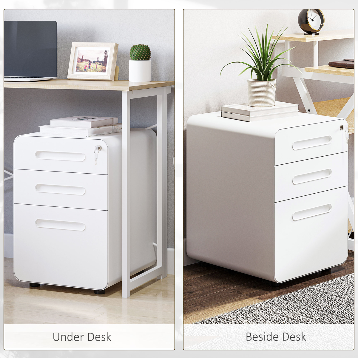 Vinsetto 3-Drawer Steel Mobile Filing Cabinet with Lock, Pencil Tray & Wheels – Home Office Storage, White