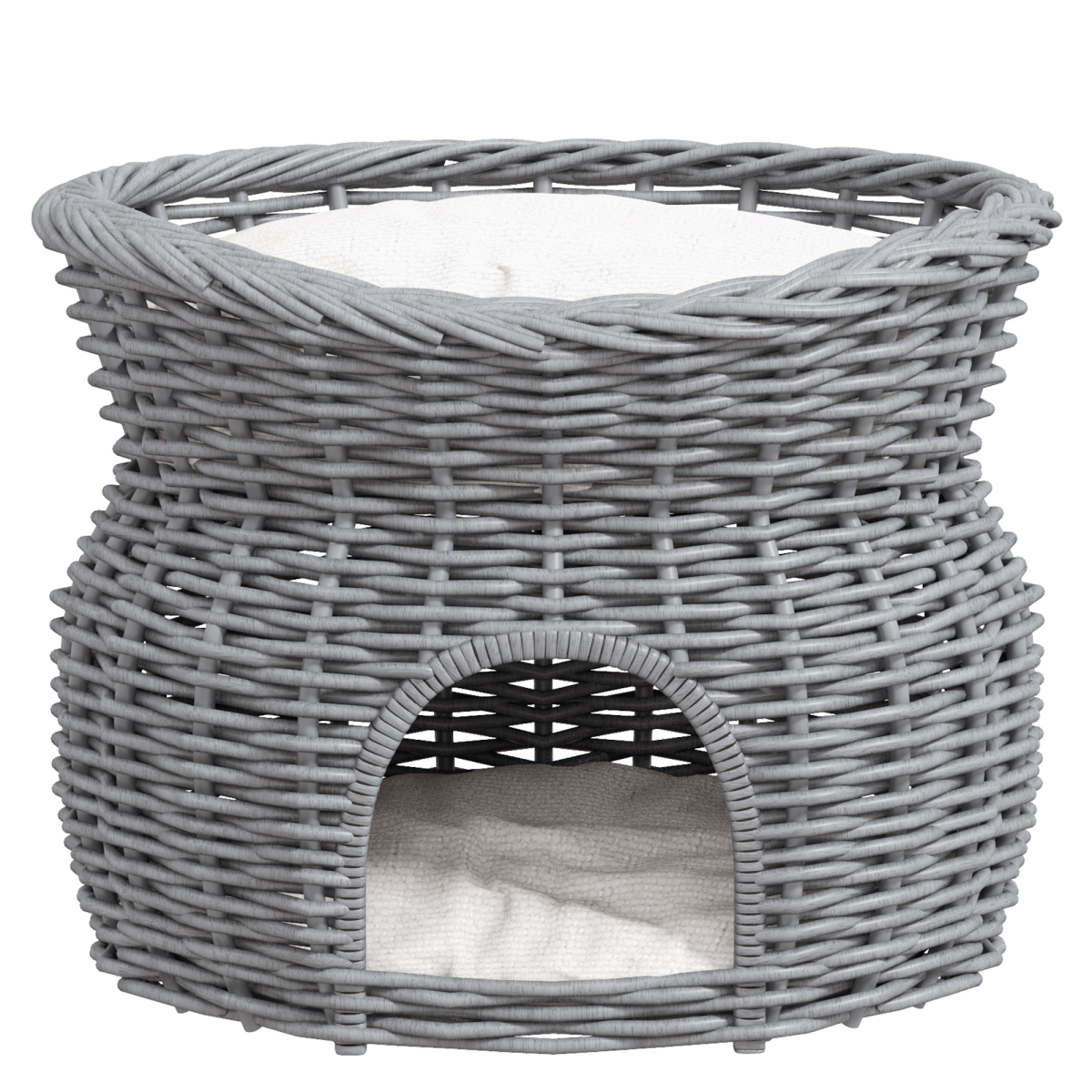 PawHut 2-Tier Willow Cat Condo with Padded Cushions – Elevated Wicker Pet Bed, Grey