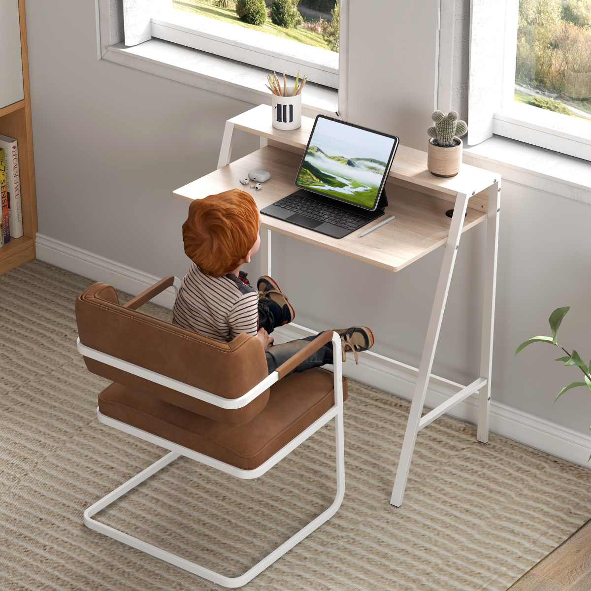 HOMCOM Two-Tier Computer Workstation Desk with Storage Shelf, Steel Frame – Home Office Study Table, White & Oak