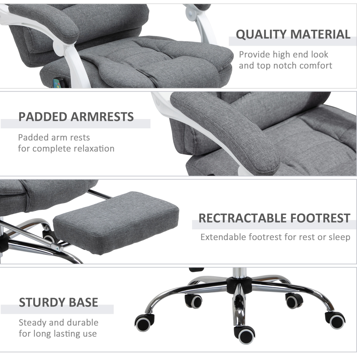 Vinsetto Heated Massage Office Chair with 6 Vibration Points – High Back Reclining Desk Chair, Grey