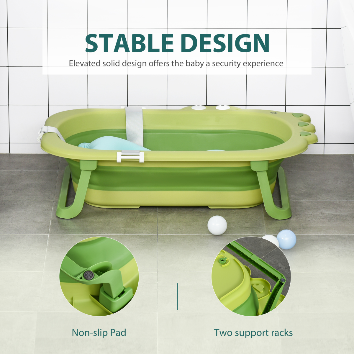 HOMCOM Foldable Baby Bath Tub with Cushion – Crocodile Design Toddler Bath for 0-3 Years, Green